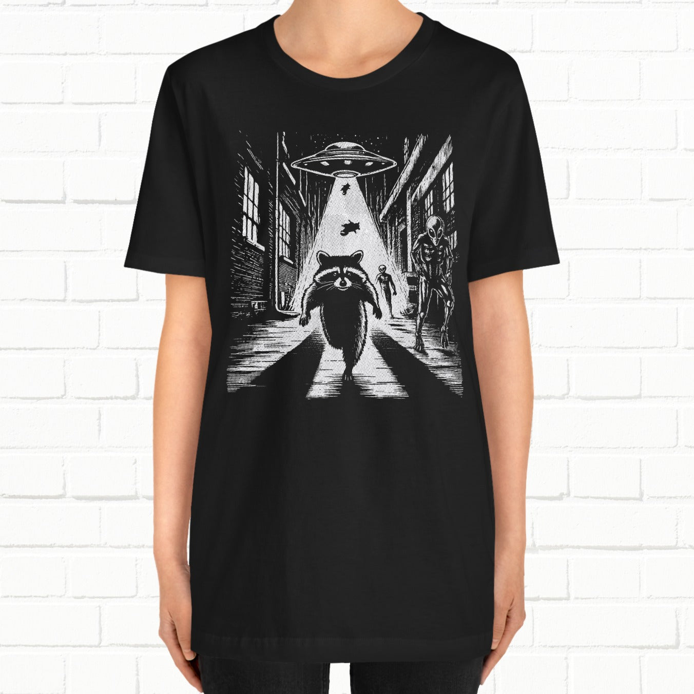Raccoon Alien Running Streets Spaceship Line Art Unisex T-Shirt