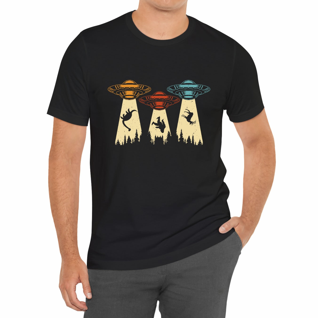 UFO Taking Dinosaur Bigfoot Deer Funny Outdoors Unisex T-Shirt
