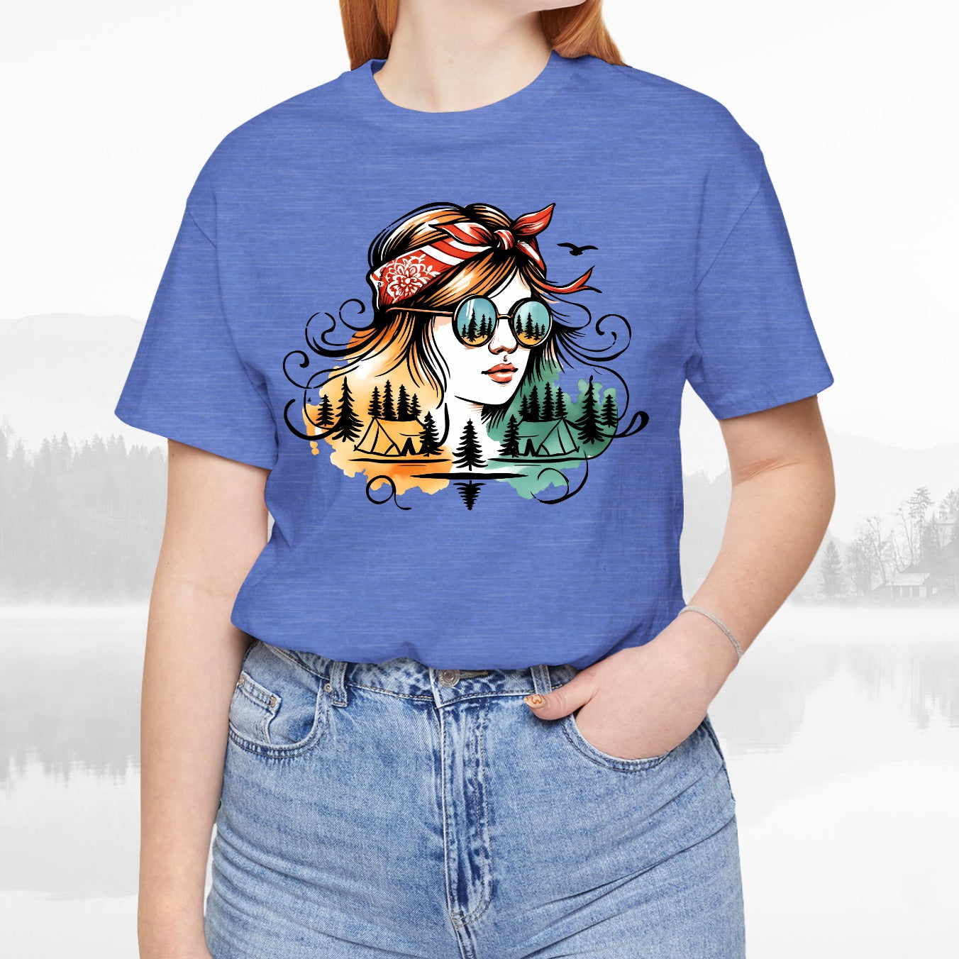 Outdoors Camping Girl With Bandana Colorful Art Unisex Hiking T-Shirt