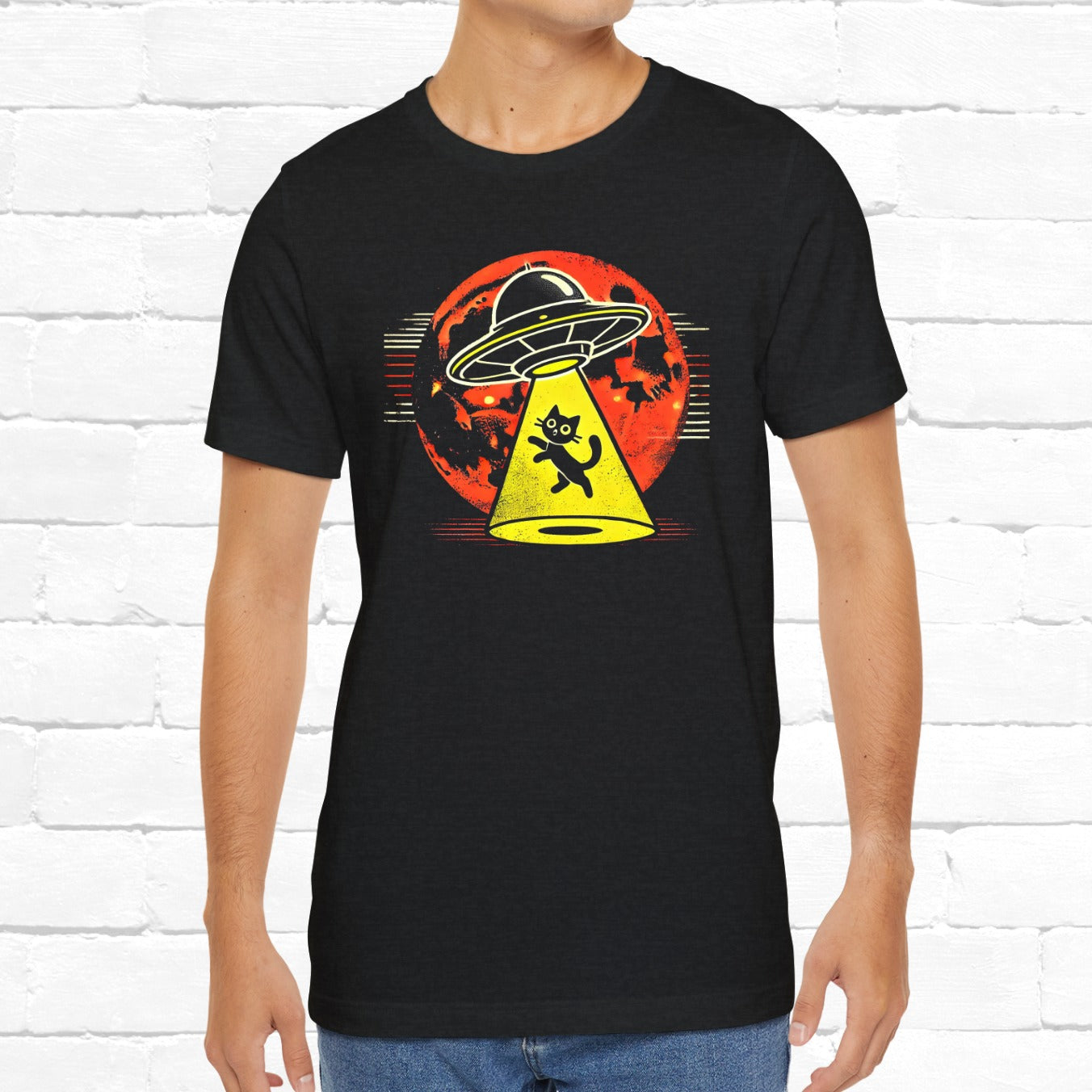 UFO Spotlight Cat Floating Funny Unisex T-Shirt