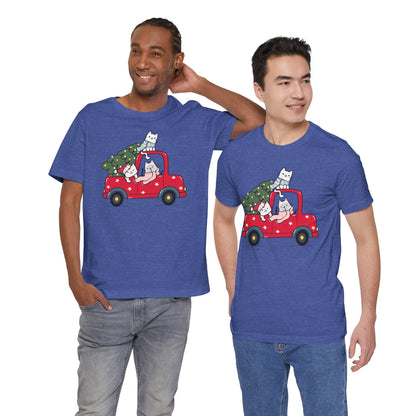Christmas Tree Cats In Red Pickup Truck Funny Unisex T-Shirt