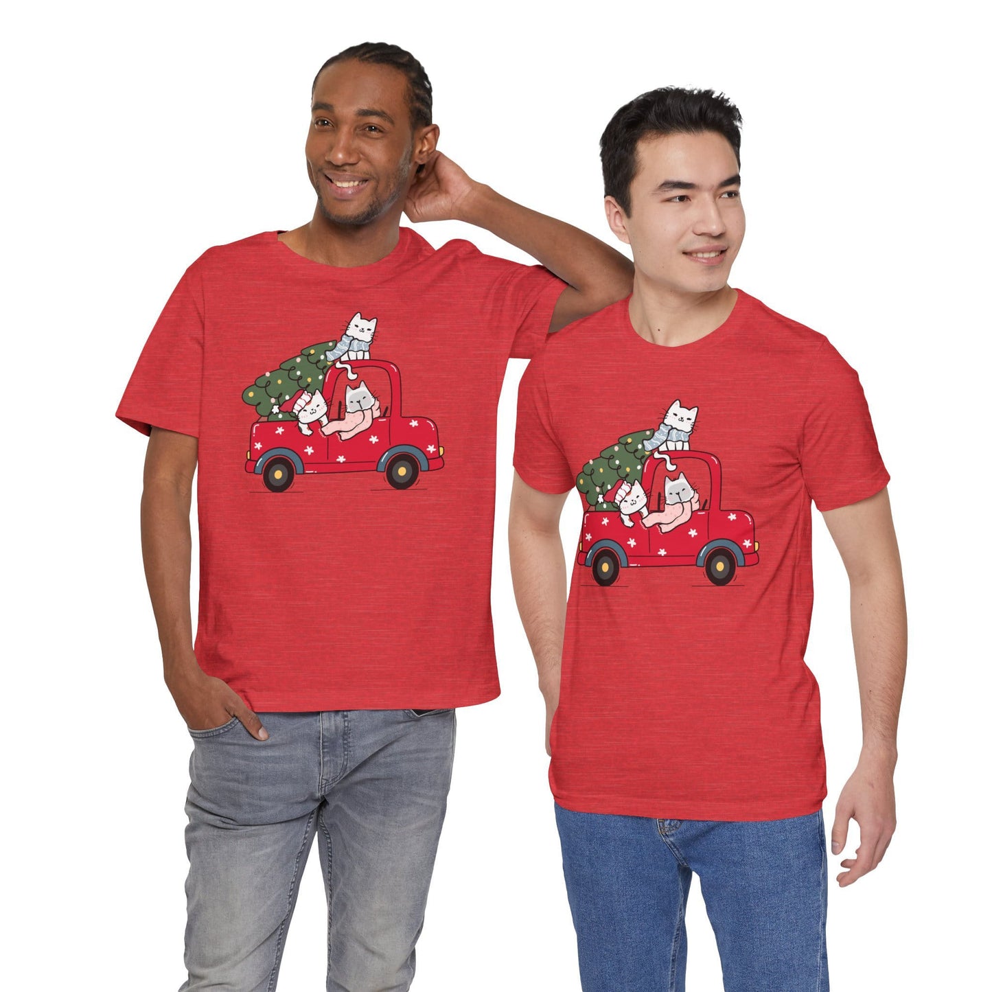 Christmas Tree Cats In Red Pickup Truck Funny Unisex T-Shirt