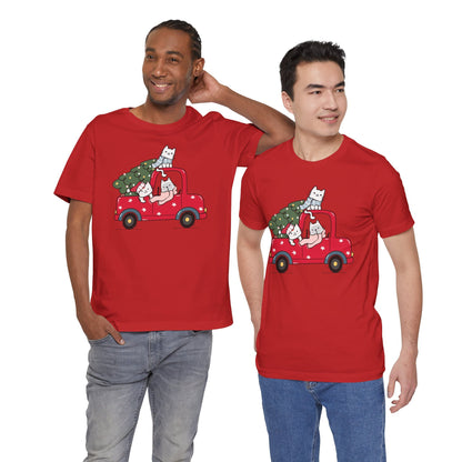 Christmas Tree Cats In Red Pickup Truck Funny Unisex T-Shirt