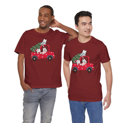 Christmas Tree Cats In Red Pickup Truck Funny Unisex T-Shirt