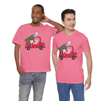 Christmas Tree Cats In Red Pickup Truck Funny Unisex T-Shirt