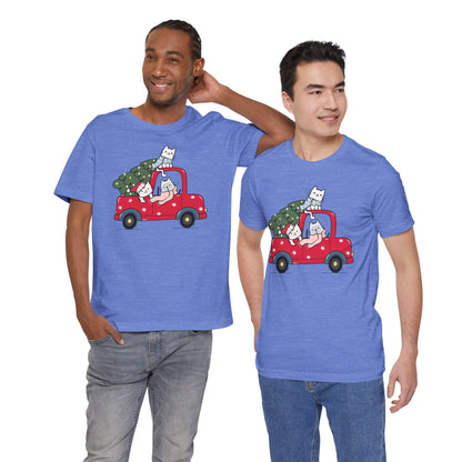 Christmas Tree Cats In Red Pickup Truck Funny Unisex T-Shirt
