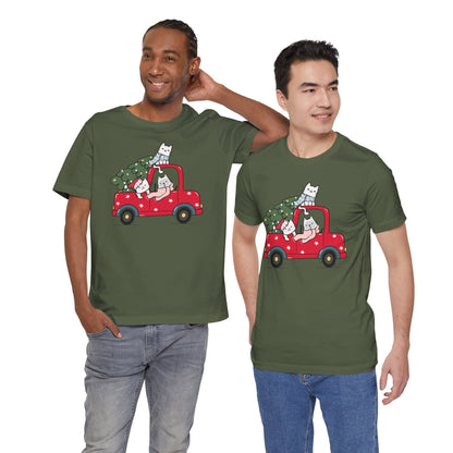 Christmas Tree Cats In Red Pickup Truck Funny Unisex T-Shirt