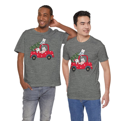 Christmas Tree Cats In Red Pickup Truck Funny Unisex T-Shirt