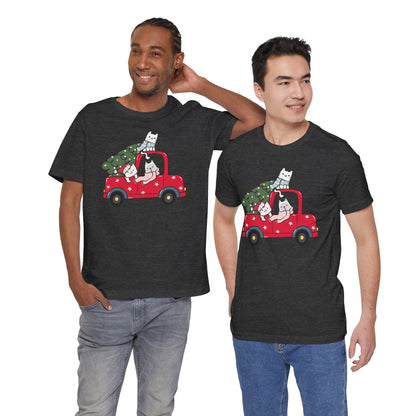 Christmas Tree Cats In Red Pickup Truck Funny Unisex T-Shirt