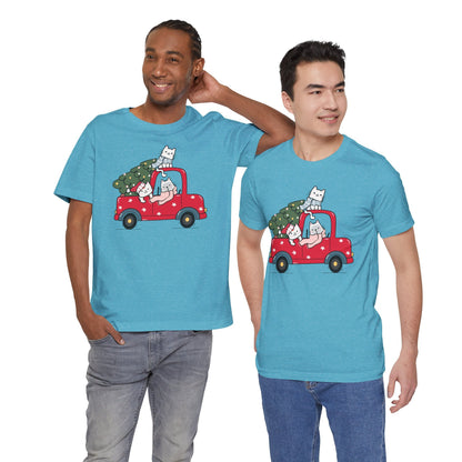 Christmas Tree Cats In Red Pickup Truck Funny Unisex T-Shirt
