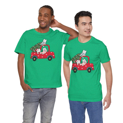 Christmas Tree Cats In Red Pickup Truck Funny Unisex T-Shirt