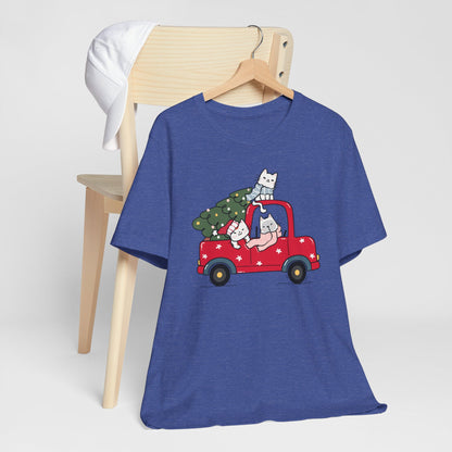 Christmas Tree Cats In Red Pickup Truck Funny Unisex T-Shirt