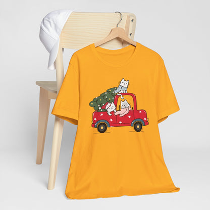 Christmas Tree Cats In Red Pickup Truck Funny Unisex T-Shirt