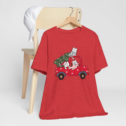 Christmas Tree Cats In Red Pickup Truck Funny Unisex T-Shirt