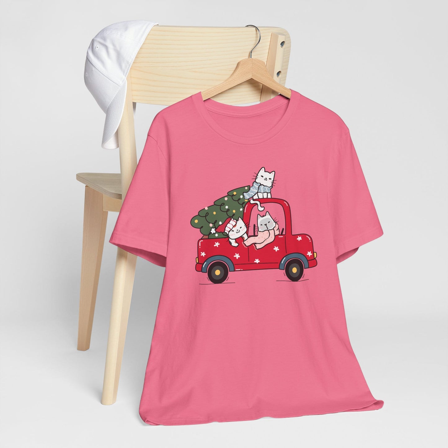 Christmas Tree Cats In Red Pickup Truck Funny Unisex T-Shirt