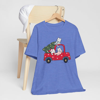 Christmas Tree Cats In Red Pickup Truck Funny Unisex T-Shirt