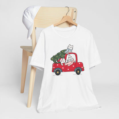 Christmas Tree Cats In Red Pickup Truck Funny Unisex T-Shirt