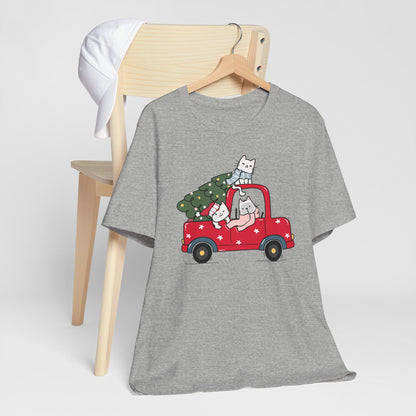 Christmas Tree Cats In Red Pickup Truck Funny Unisex T-Shirt