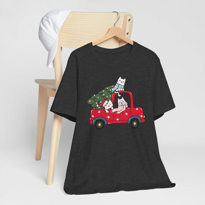 Christmas Tree Cats In Red Pickup Truck Funny Unisex T-Shirt