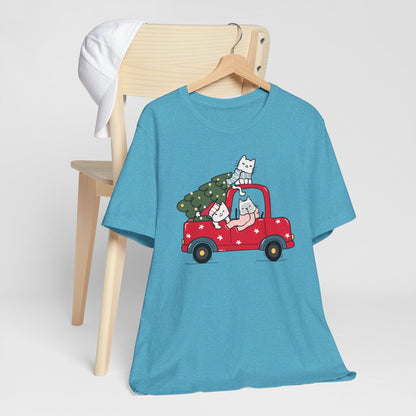 Christmas Tree Cats In Red Pickup Truck Funny Unisex T-Shirt