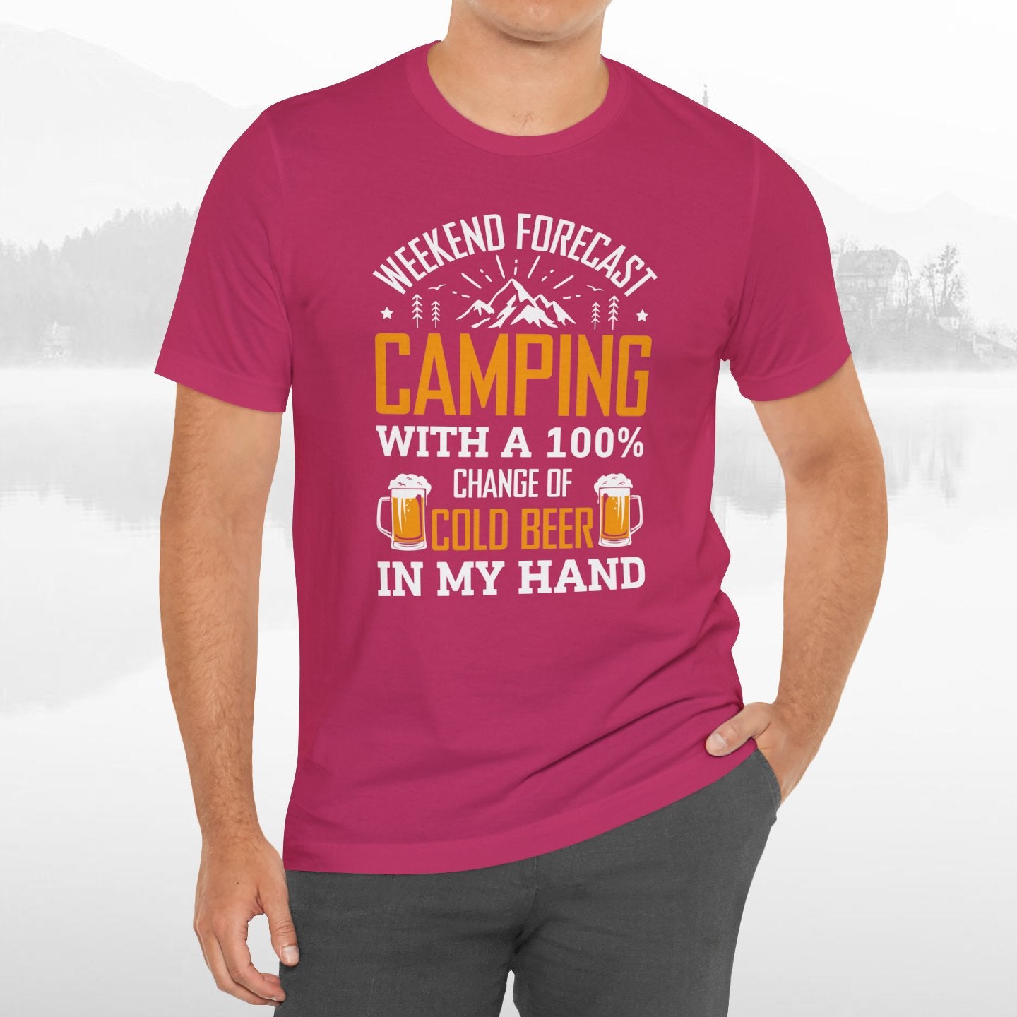 Weekend Forecast Camping With 100% Chance Of Cold Beer In My Hand Funny Camping T-Shirt