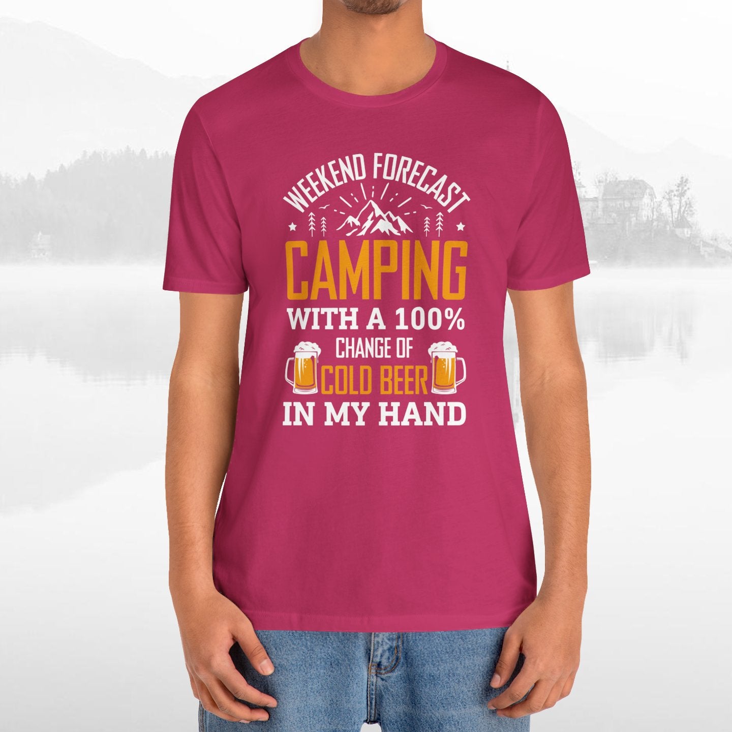 Weekend Forecast Camping With 100% Chance Of Cold Beer In My Hand Funny Camping T-Shirt