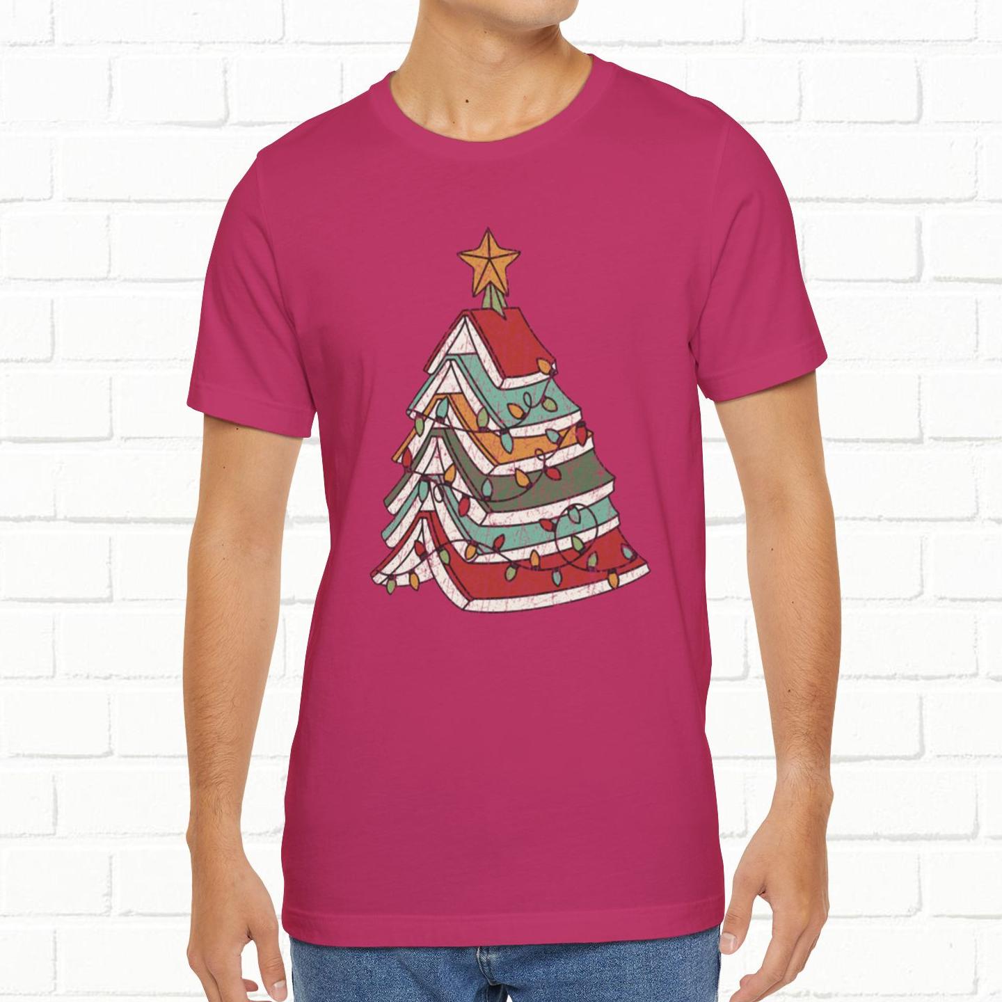 Books Christmas Tree, Gift For Book Lovers, Wintery Unisex T-shirt