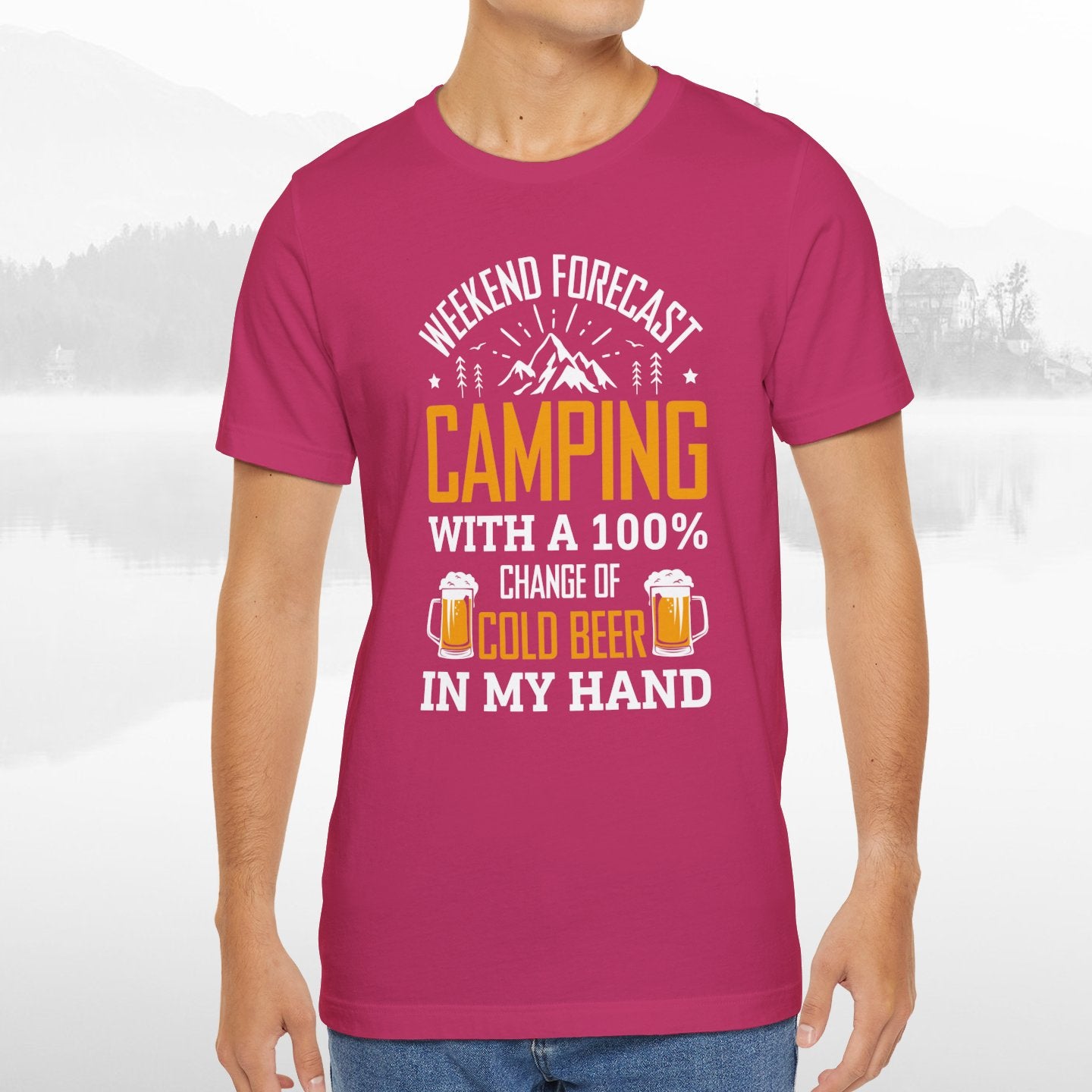 Weekend Forecast Camping With 100% Chance Of Cold Beer In My Hand Funny Camping T-Shirt