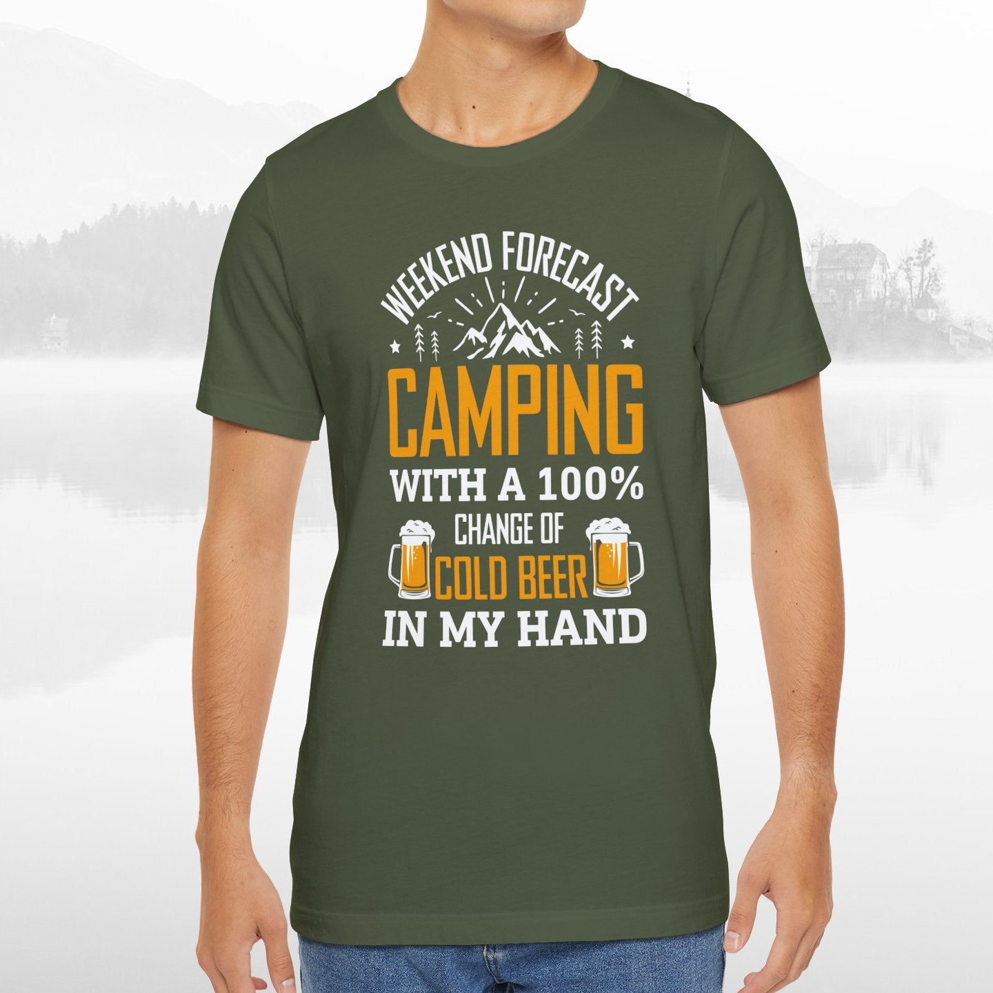 Weekend Forecast Camping With 100% Chance Of Cold Beer In My Hand Funny Camping T-Shirt