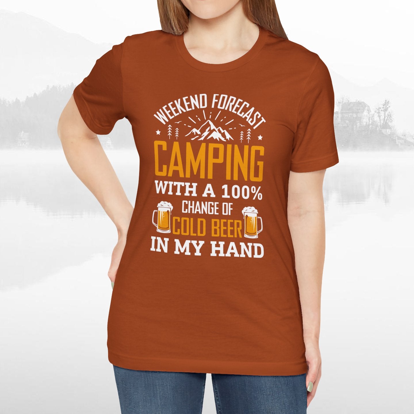 Weekend Forecast Camping With 100% Chance Of Cold Beer In My Hand Funny Camping T-Shirt