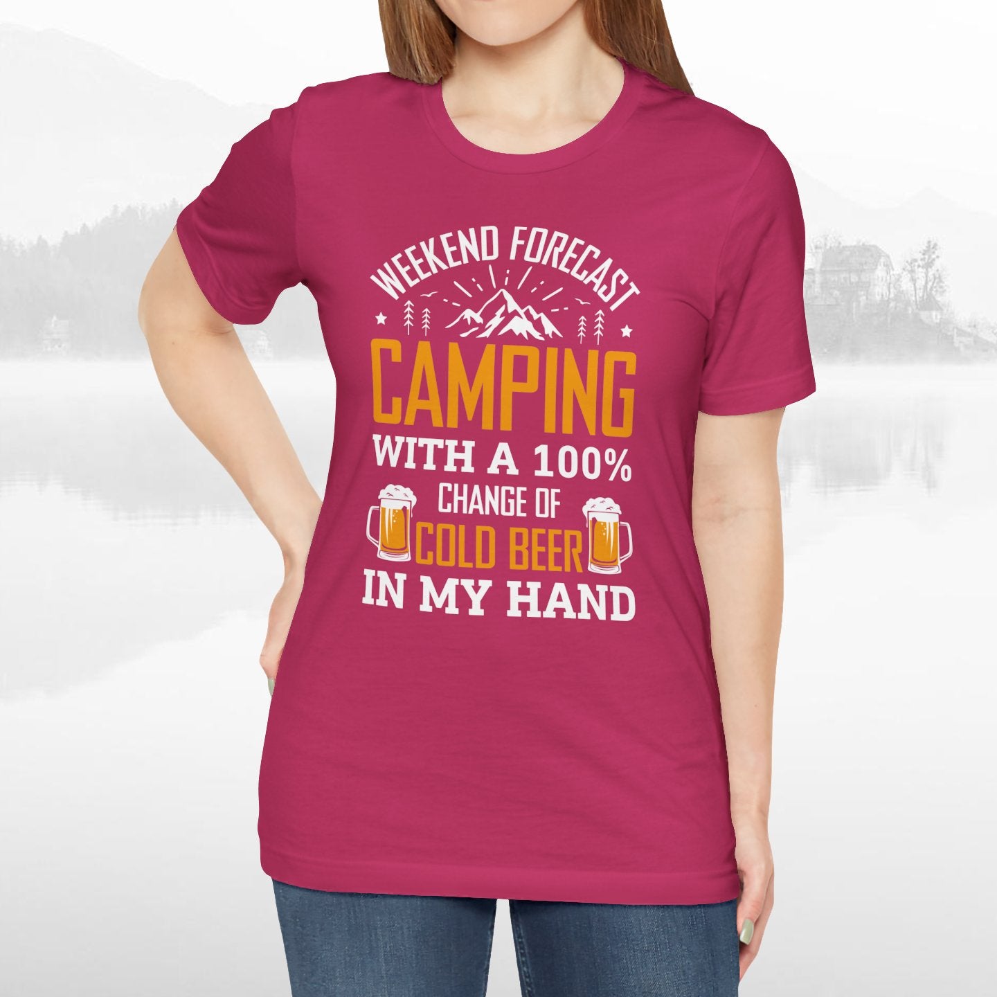 Weekend Forecast Camping With 100% Chance Of Cold Beer In My Hand Funny Camping T-Shirt
