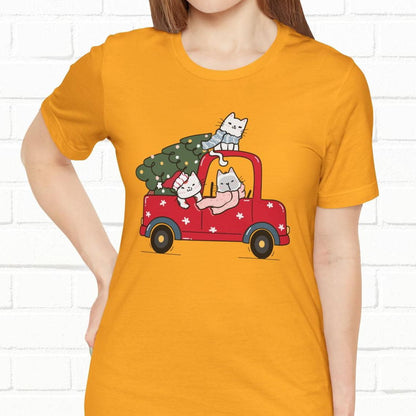 Christmas Tree Cats In Red Pickup Truck Funny Unisex T-Shirt