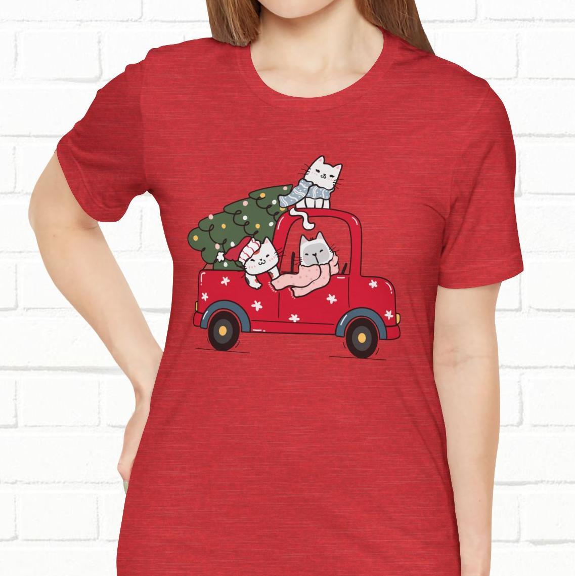 Christmas Tree Cats In Red Pickup Truck Funny Unisex T-Shirt