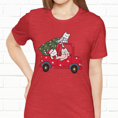 Christmas Tree Cats In Red Pickup Truck Funny Unisex T-Shirt