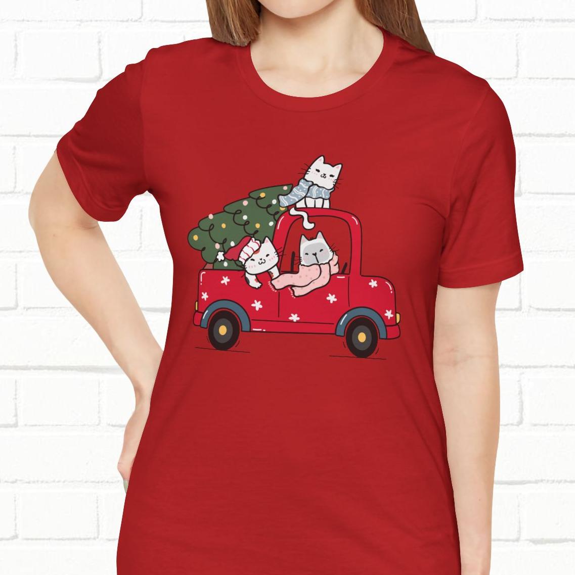 Christmas Tree Cats In Red Pickup Truck Funny Unisex T-Shirt
