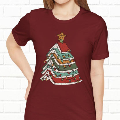 Books Christmas Tree, Gift For Book Lovers, Wintery Unisex T-shirt