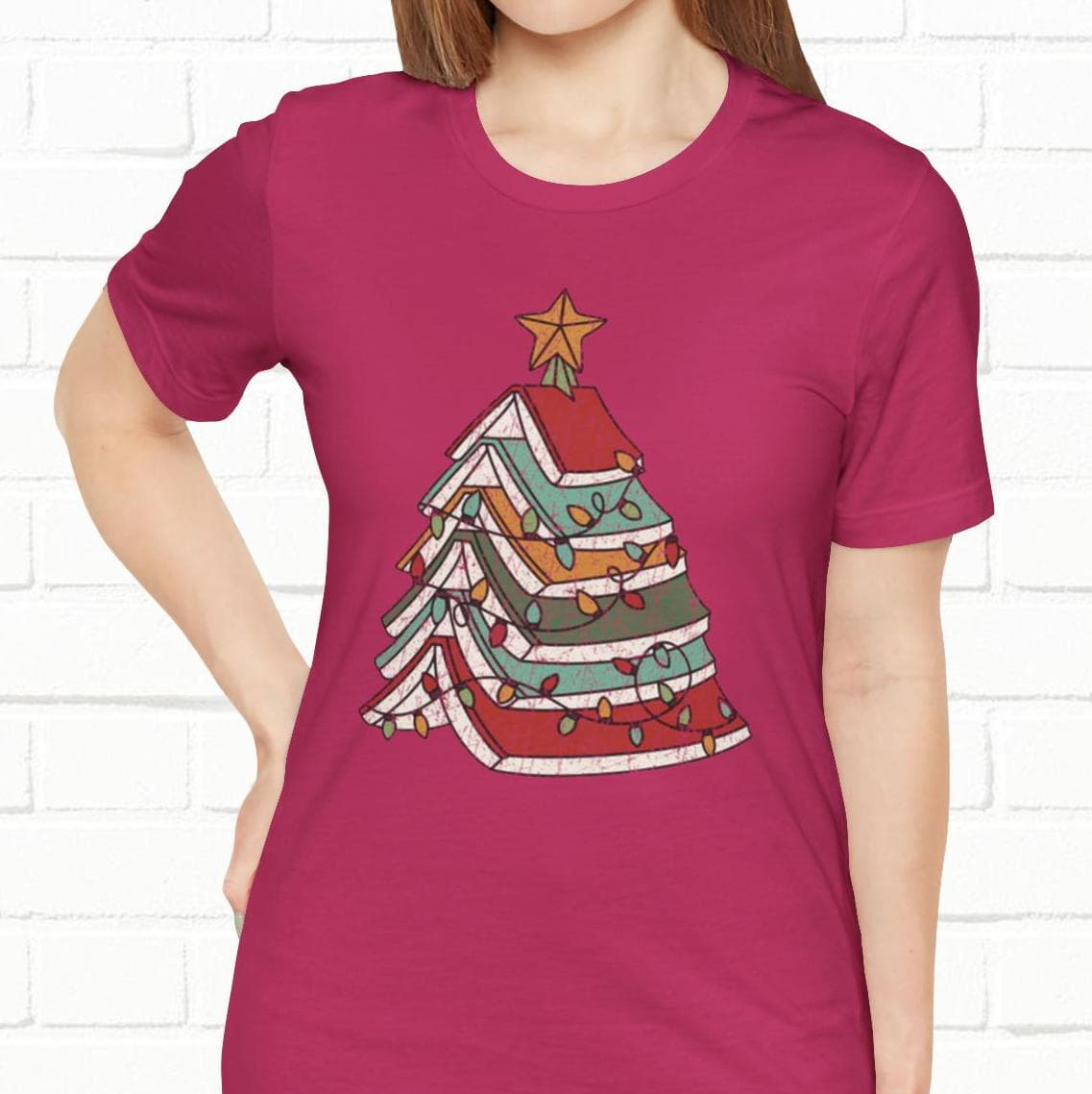 Books Christmas Tree, Gift For Book Lovers, Wintery Unisex T-shirt