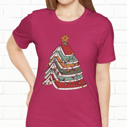 Books Christmas Tree, Gift For Book Lovers, Wintery Unisex T-shirt