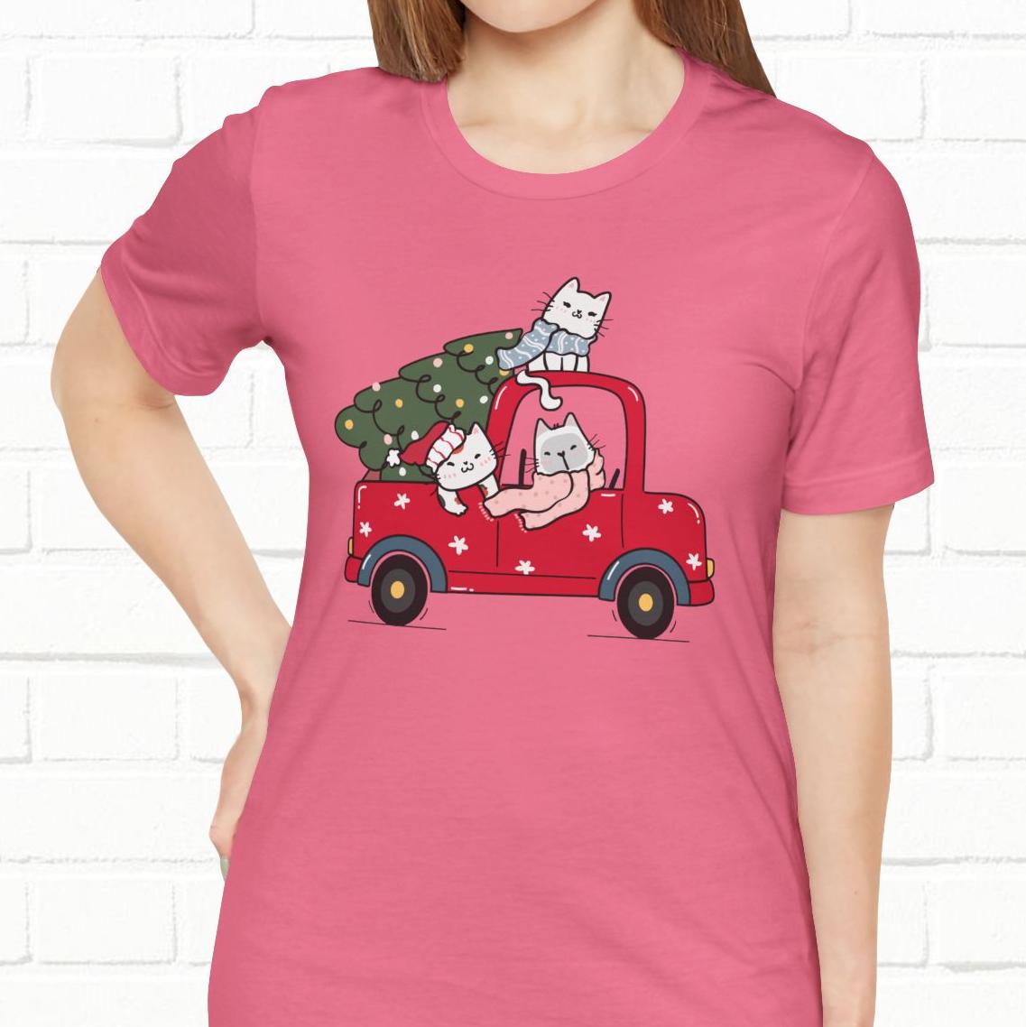 Christmas Tree Cats In Red Pickup Truck Funny Unisex T-Shirt