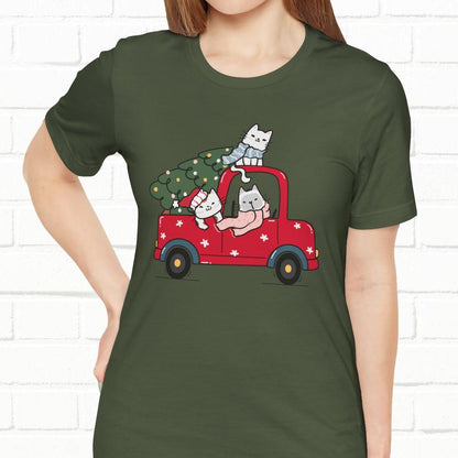Christmas Tree Cats In Red Pickup Truck Funny Unisex T-Shirt