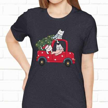 Christmas Tree Cats In Red Pickup Truck Funny Unisex T-Shirt