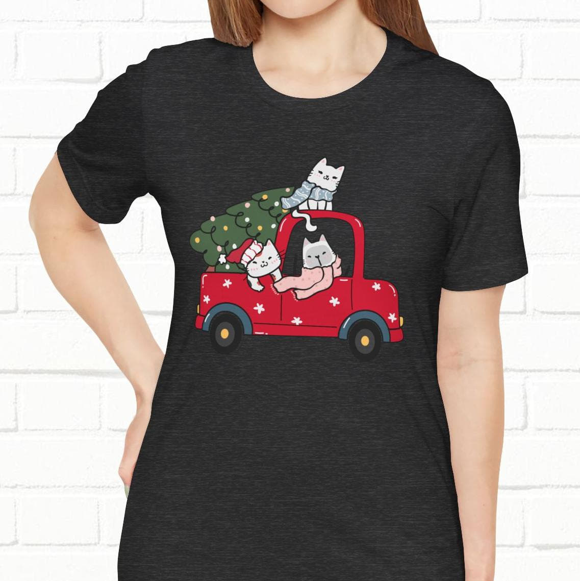 Christmas Tree Cats In Red Pickup Truck Funny Unisex T-Shirt