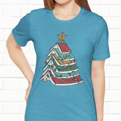 Books Christmas Tree, Gift For Book Lovers, Wintery Unisex T-shirt