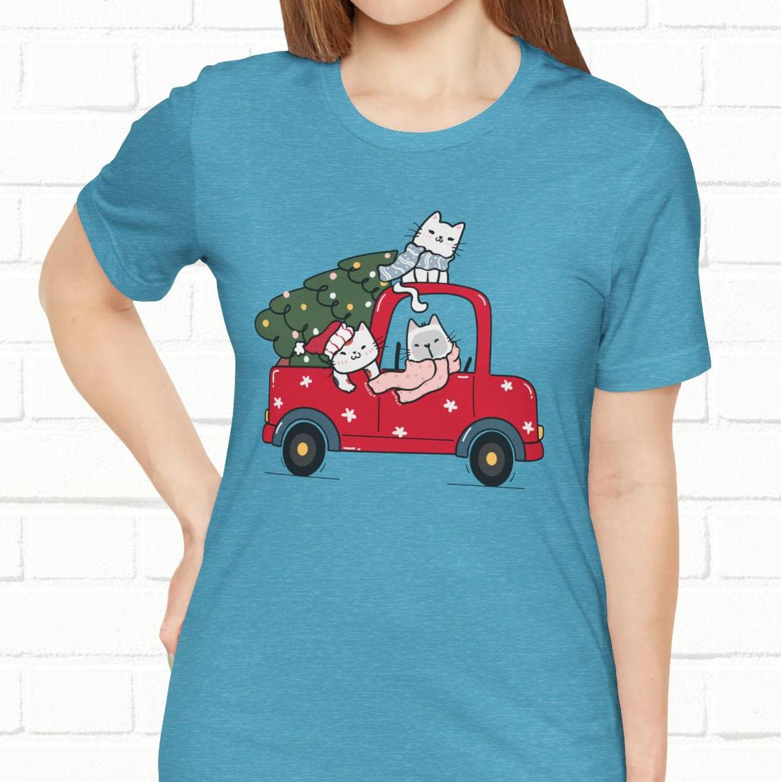 Christmas Tree Cats In Red Pickup Truck Funny Unisex T-Shirt