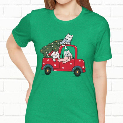 Christmas Tree Cats In Red Pickup Truck Funny Unisex T-Shirt