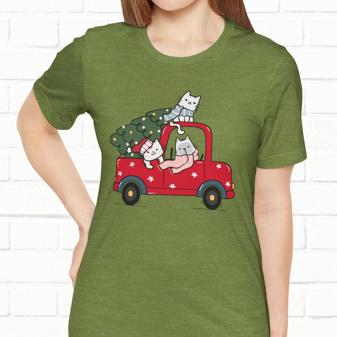 Christmas Tree Cats In Red Pickup Truck Funny Unisex T-Shirt