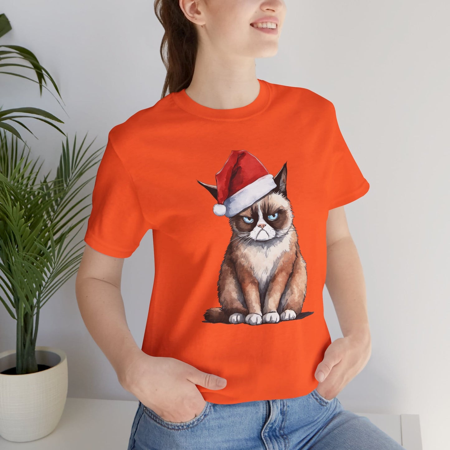 Grumpy Cat Wearing Santa Hat Funny Christmas Unisex T-Shirt