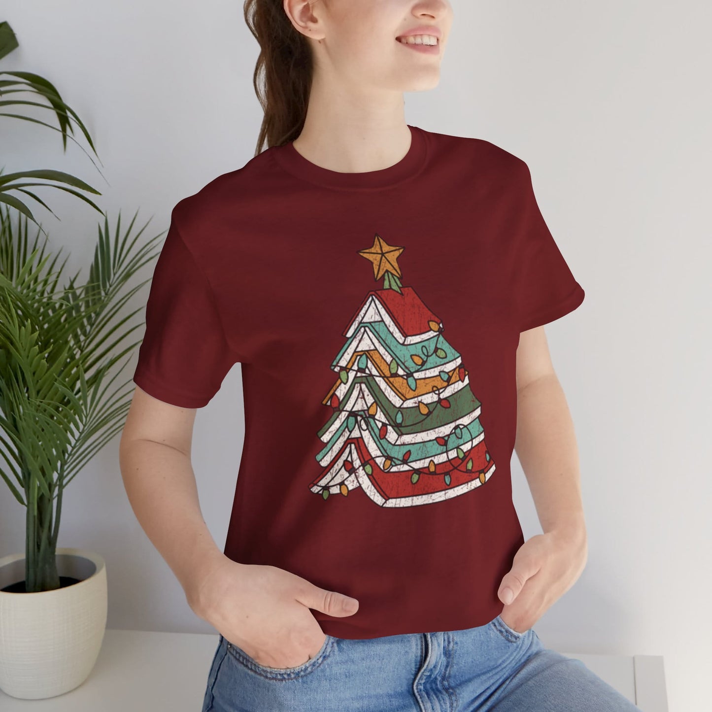 Books Christmas Tree, Gift For Book Lovers, Wintery Unisex T-shirt