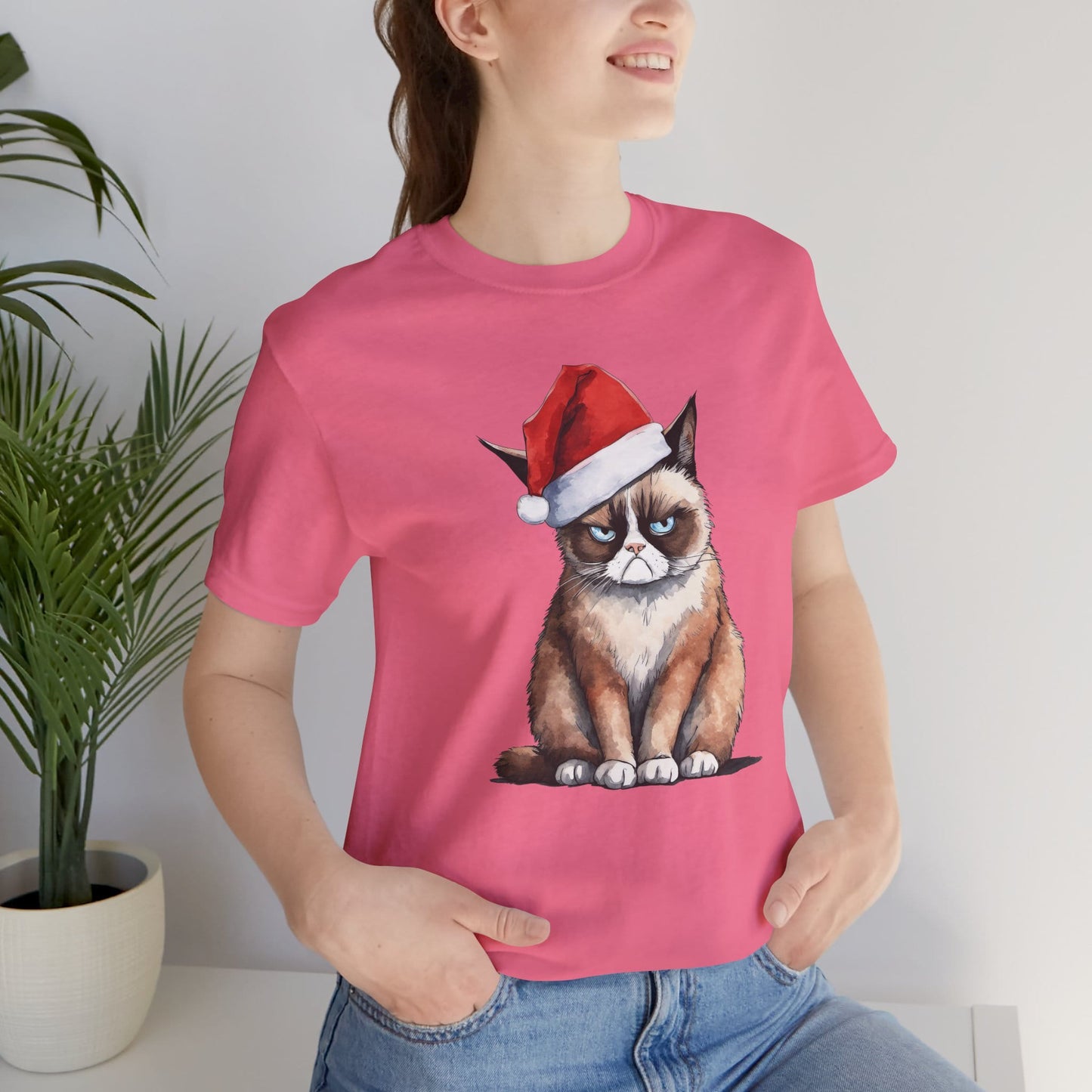 Grumpy Cat Wearing Santa Hat Funny Christmas Unisex T-Shirt