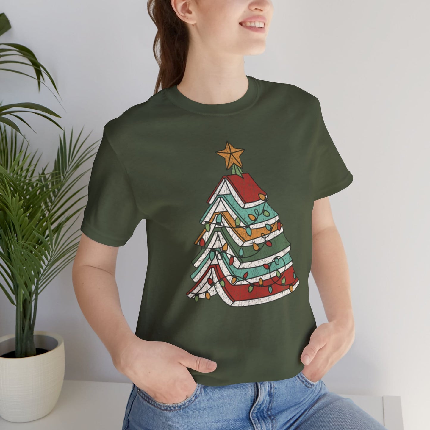 Books Christmas Tree, Gift For Book Lovers, Wintery Unisex T-shirt